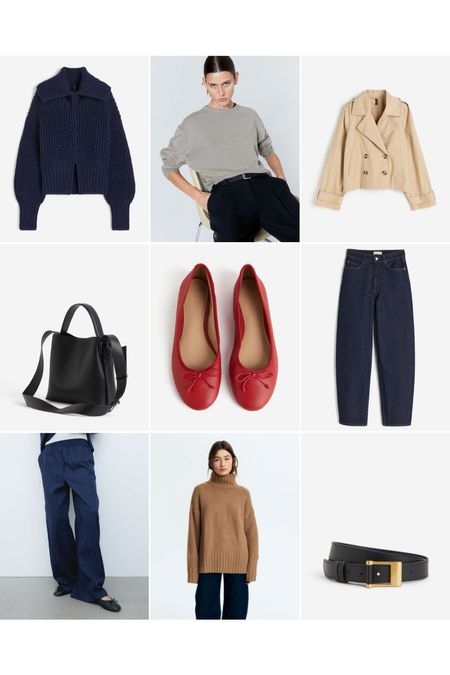 H&M TOP NINE | H&M, ballet flats, knitwear, trench coat, indigo jeans, ballet flats, red shoes, black belt, black back, navy knit, camel knit, cashmere jumper, winter fashion, wide leg trousers 



#LTKstyletip #LTKSeasonal #LTKeurope