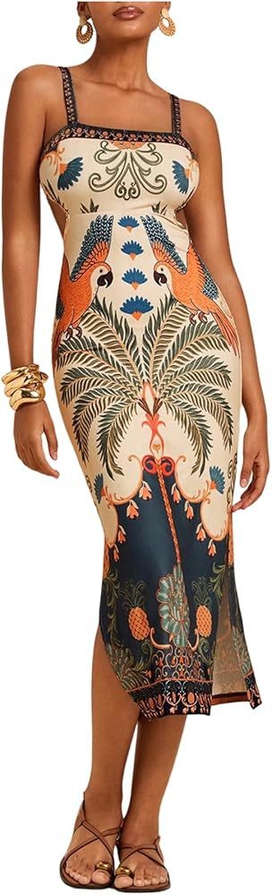 Floerns Women's Tropical Bow Tie Back Long Dress Sleeveless Split Vacation Maxi Dress | Amazon (US)