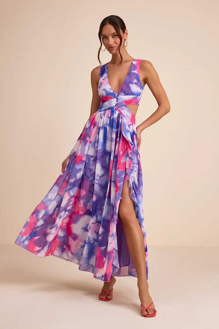 Elisanna Purple Multi Floral Lace-Up Midi Dress | Lulus