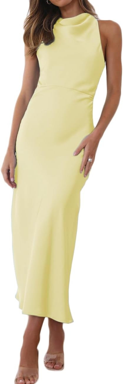 Halfisland Satin High Neck Backless Sleeveless Midi Dresses for Women Elegant Mock Neck High Wais... | Amazon (US)