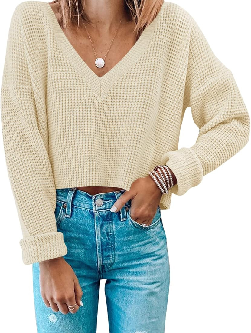 MIROL Women's Waffle Knit Cropped Top V Neck Long Sleeve Pullover Sweater Casual Solid Crop Sweat... | Amazon (US)