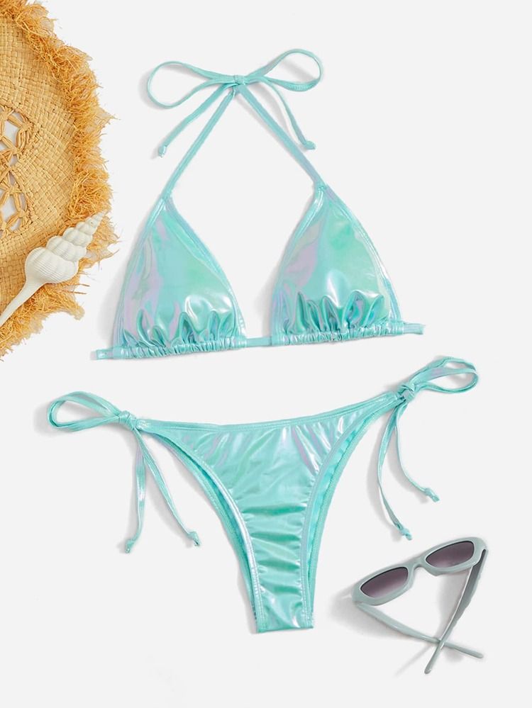 Metallic Halter Triangle Bikini Swimsuit | SHEIN