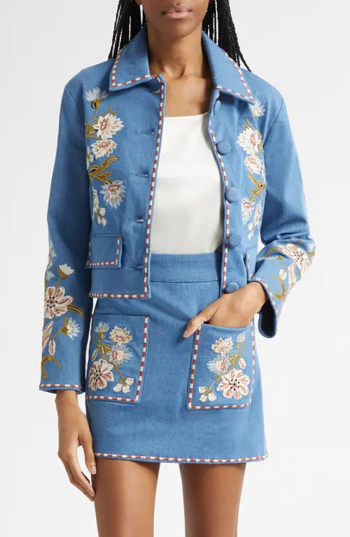 Veronica Beard Vikaria Floral Embroidery Stretch Cotton Jacket in Sea Glare at Nordstrom, Size 0 | Nordstrom