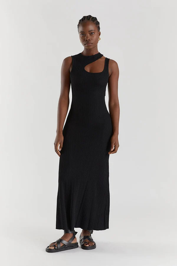 MADDOX BLACK KNIT ASYM MIDI DRESS | DISSH