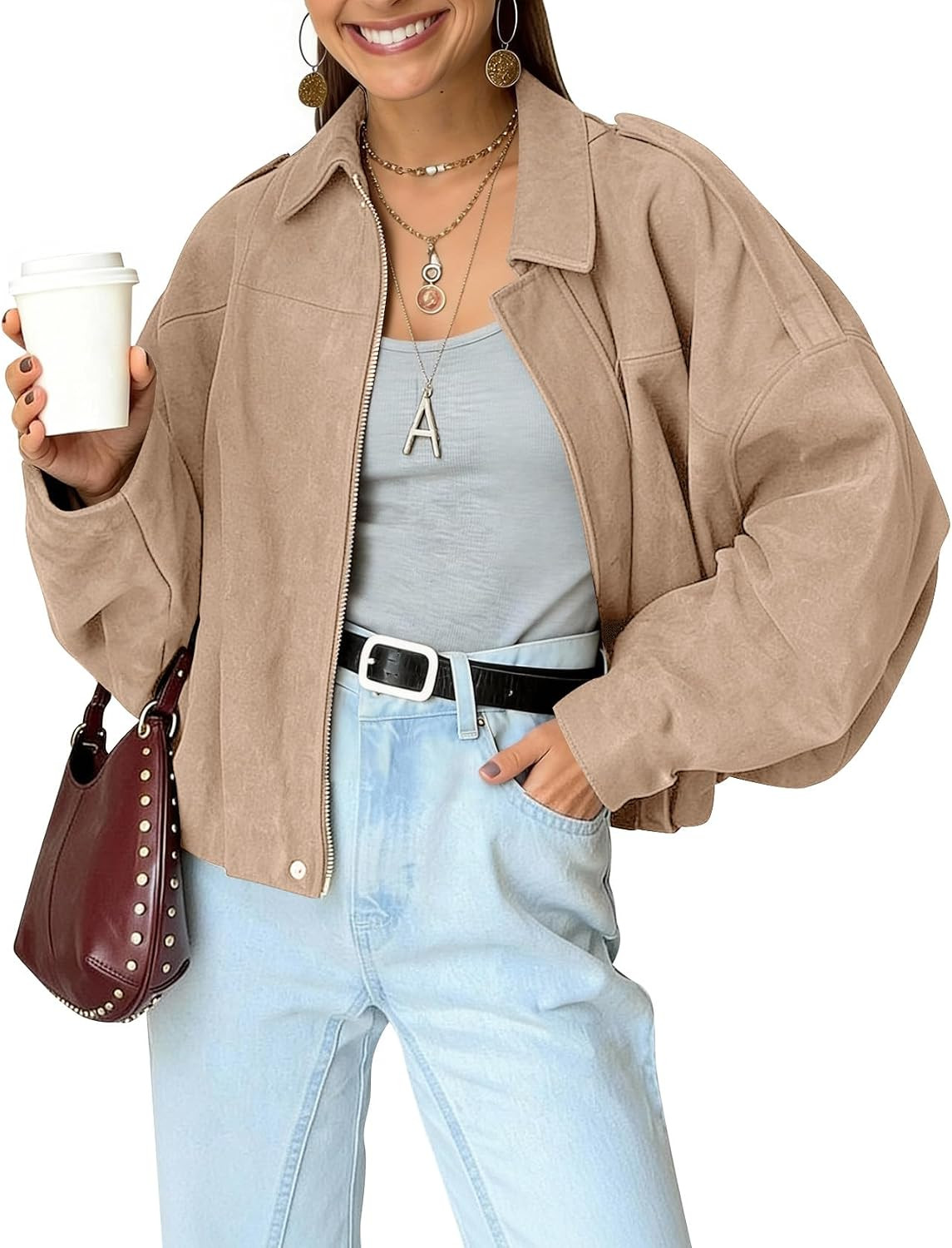 Womens Faux Suede Bomber Jacket Oversized Long Sleeve Cropped Coat | Amazon (US)