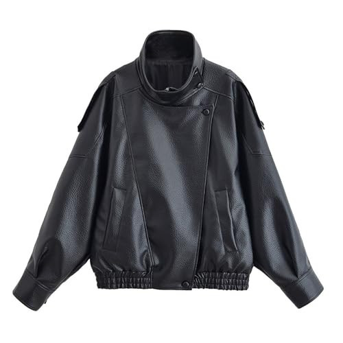 FindThy Women’s Oversized Faux Leather Jacket Casual High Collar Long Sleeve Zip Up Fall Fashion Motorcycle Coats(4201-Black-XL-LB) | Amazon (US)