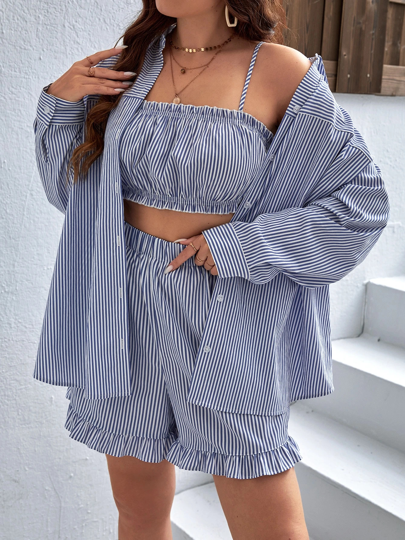 SHEIN WYWH Plus 1pc Striped Print Drop Shoulder Shirt | SHEIN