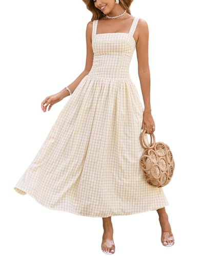 XinFSh Women's Summer Gingham Midi Dress Square Neck Flowy Lace Corset Dresses Garden Patry Picnic Sundress with Pockets Yellow | Amazon (US)