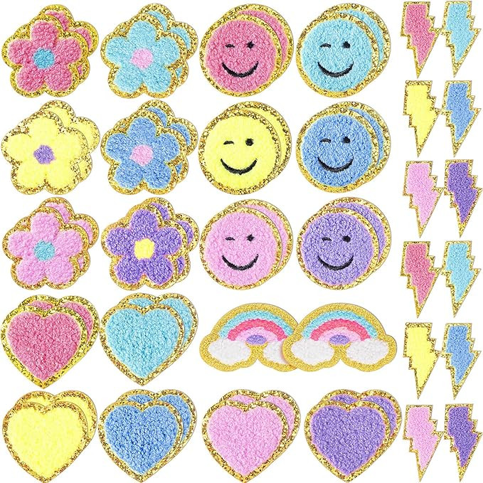 50 Pcs Self Adhesive Chenille Patches Paw Print Smile Face Heart Patch Preppy Sticker Chenille Ra... | Amazon (US)