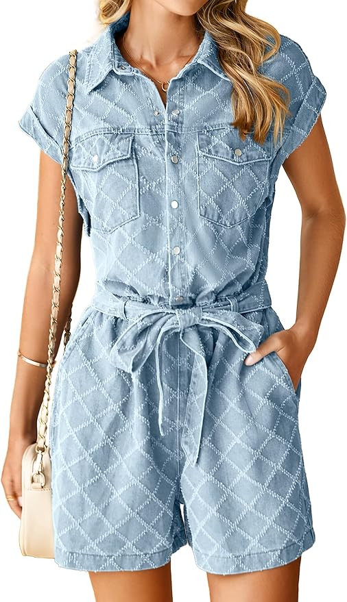 Simplee Womens 2025 Denim Romper Casual Short Sleeve Cargo Jean Romper Overall Shorts With Pocket... | Amazon (US)