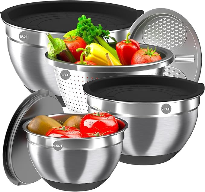 Mixing Bowls with Airtight Lids, Stainless Steel Mixing Bowl Set with 3 Metal Nesting Bowls, Cola... | Amazon (US)