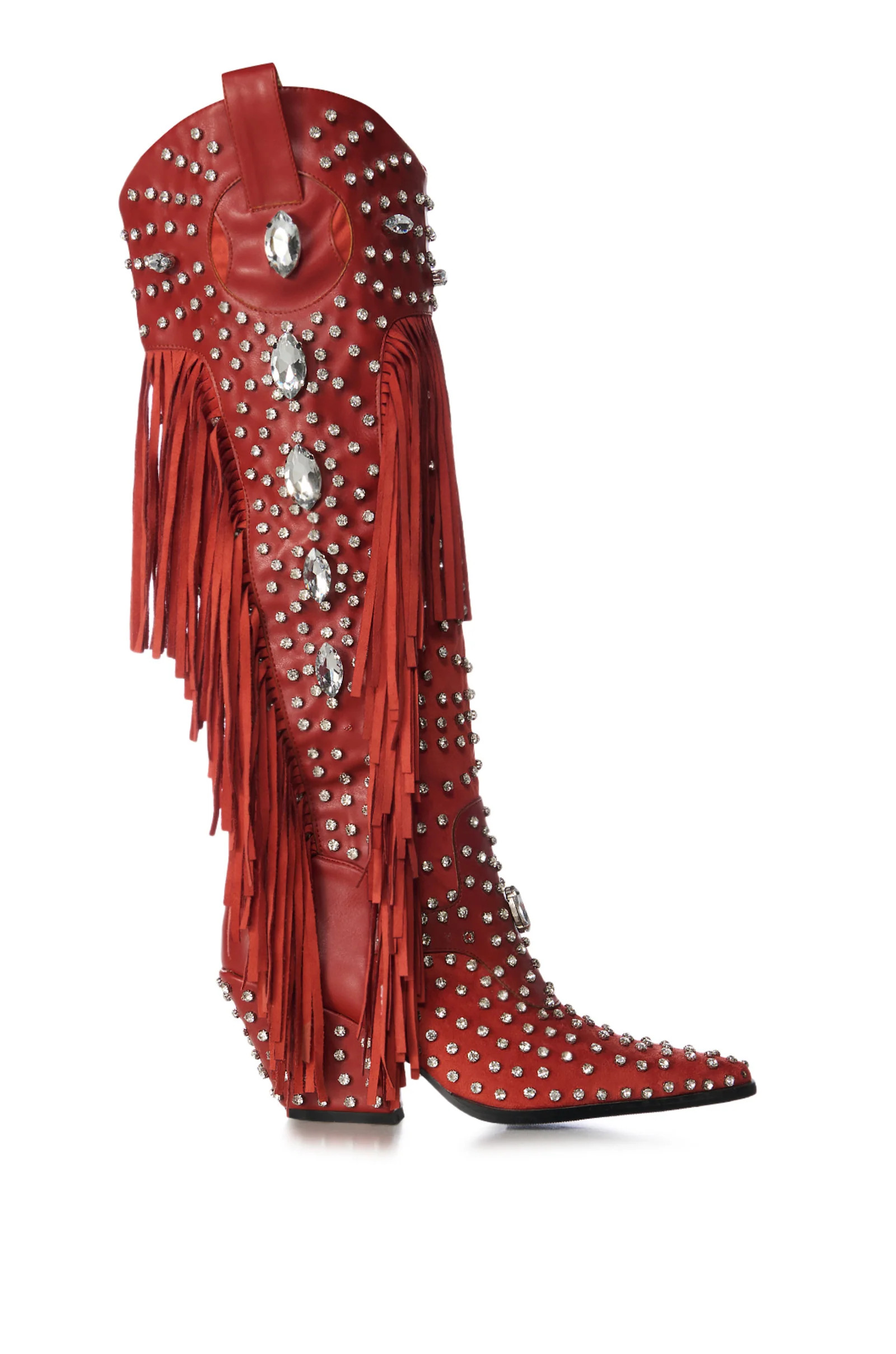 TADAO-RED CRYSTAL FRINGED WESTERN BOOT | Azalea Wang