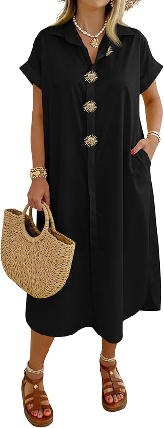 Wenrine Womens Summer Shirt Dress Casual Short Sleeve Button Maxi Dresses Beach Cover Up with Poc... | Amazon (US)