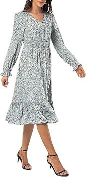 LILBETTER Women's Boho Long Sleeve V Neck Casual Flowy Ruffle Hem Midi Dresses | Amazon (US)
