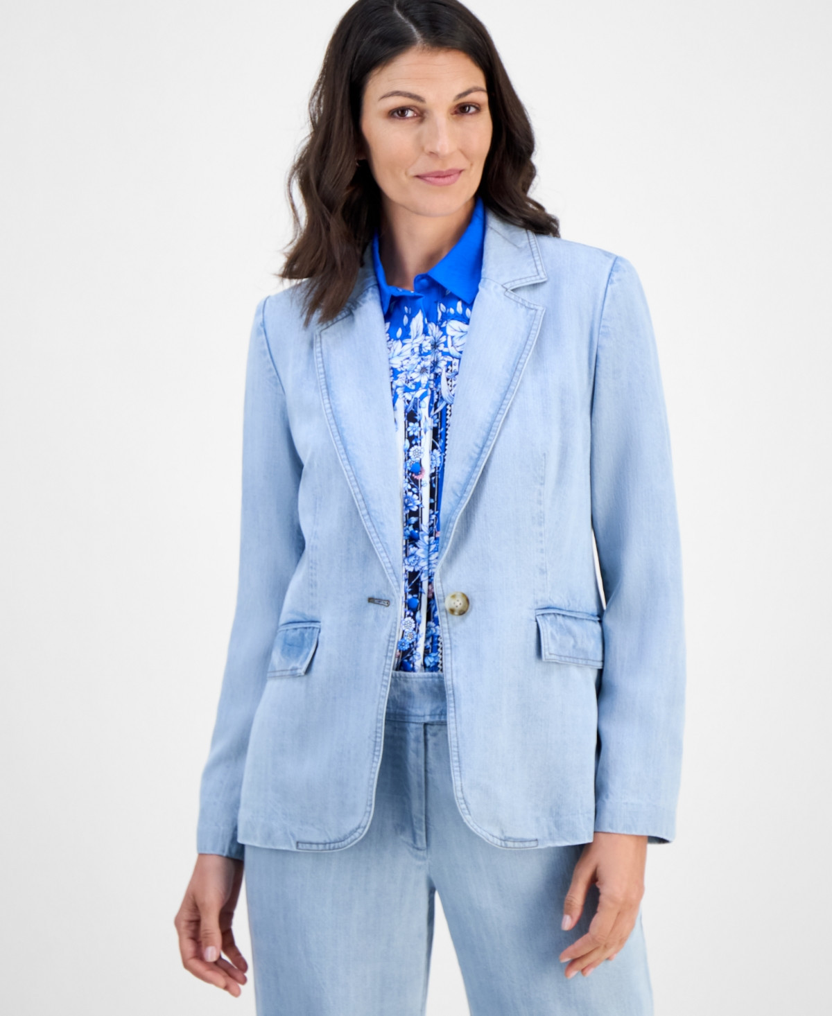 T Tahari Women's Notch-Collar One-Button Blazer - Light Denim | Macy's