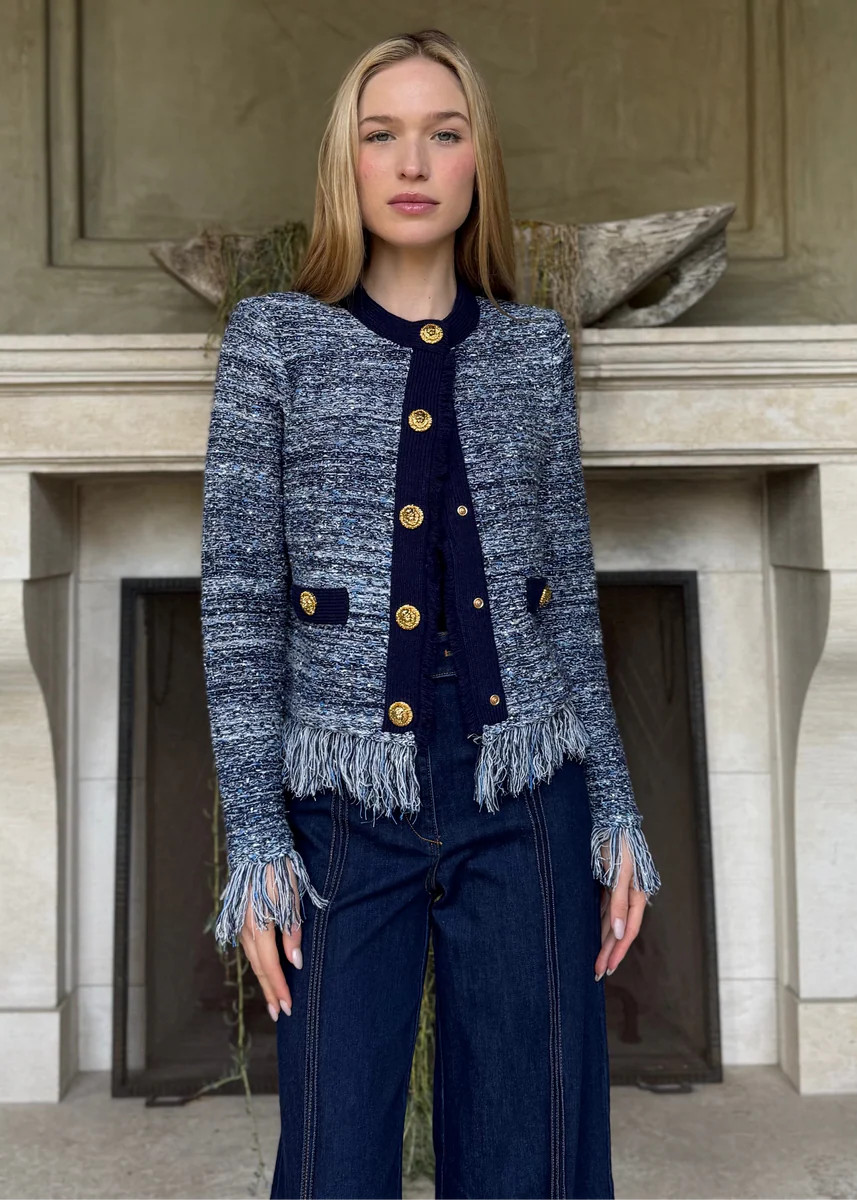 Jessica Fringe Hem Cropped Cardigan Jacket - Navy | Benaar La
