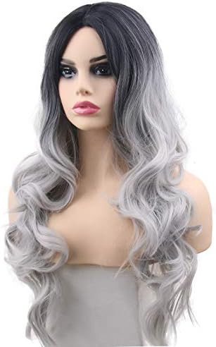Silver Grey Wigs Ombre Curly Wavy 2 Tones Fashion Long Gray Natural Synthetic Replacement Hair Wi... | Amazon (US)