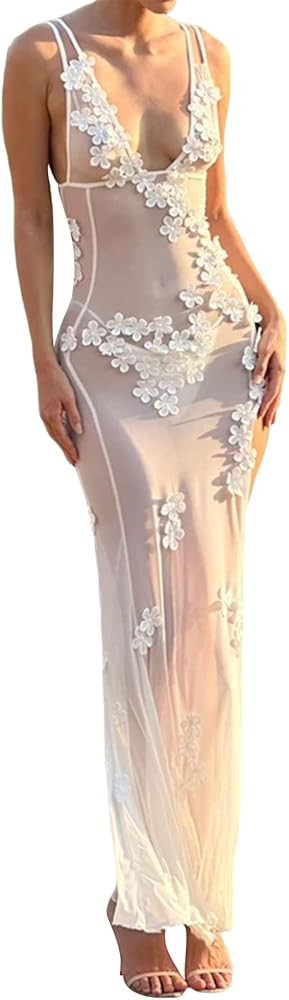Women See Through Sheer Mesh Maxi Dress Swimsuit Cover Up Backless Split Bodycon Long Dress Beach... | Amazon (US)