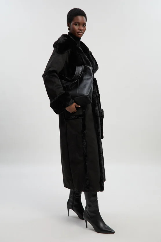 Faux Shearling Collar & Cuff Tie Belt Maxi Coat | Karen Millen US