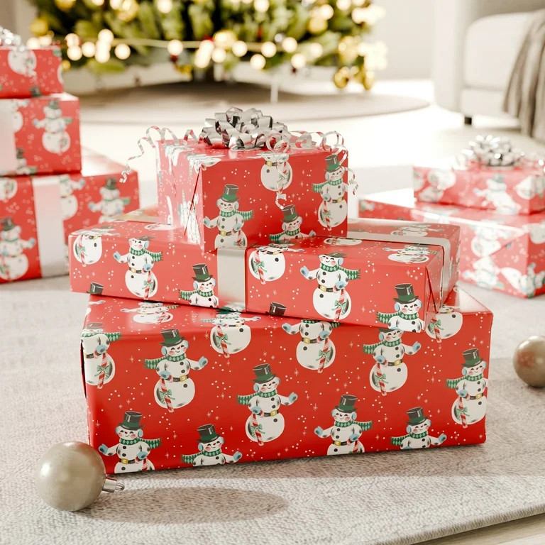 American Greetings 30 in. Vintage Christmas Snowman Wrapping Paper with Cutlines, Red (100 sq. ft... | Walmart (US)