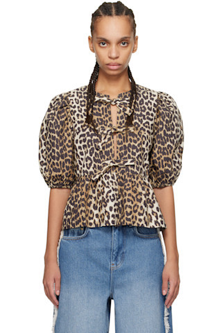 GANNI - Brown Cotton Poplin Peplum Tie Blouse | SSENSE