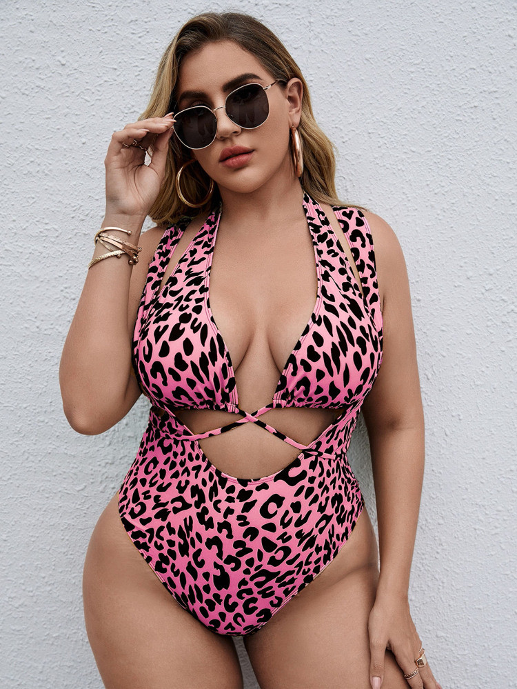 Plus Leopard Cross Back One Piece Swimsuit With Bikini Top | SHEIN