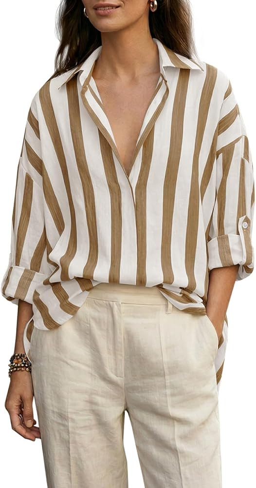 Women's Boho Vertical Striped Oversized Shirt V-Neck Blouse Lightweight Beach Vacation Top for Su... | Amazon (US)