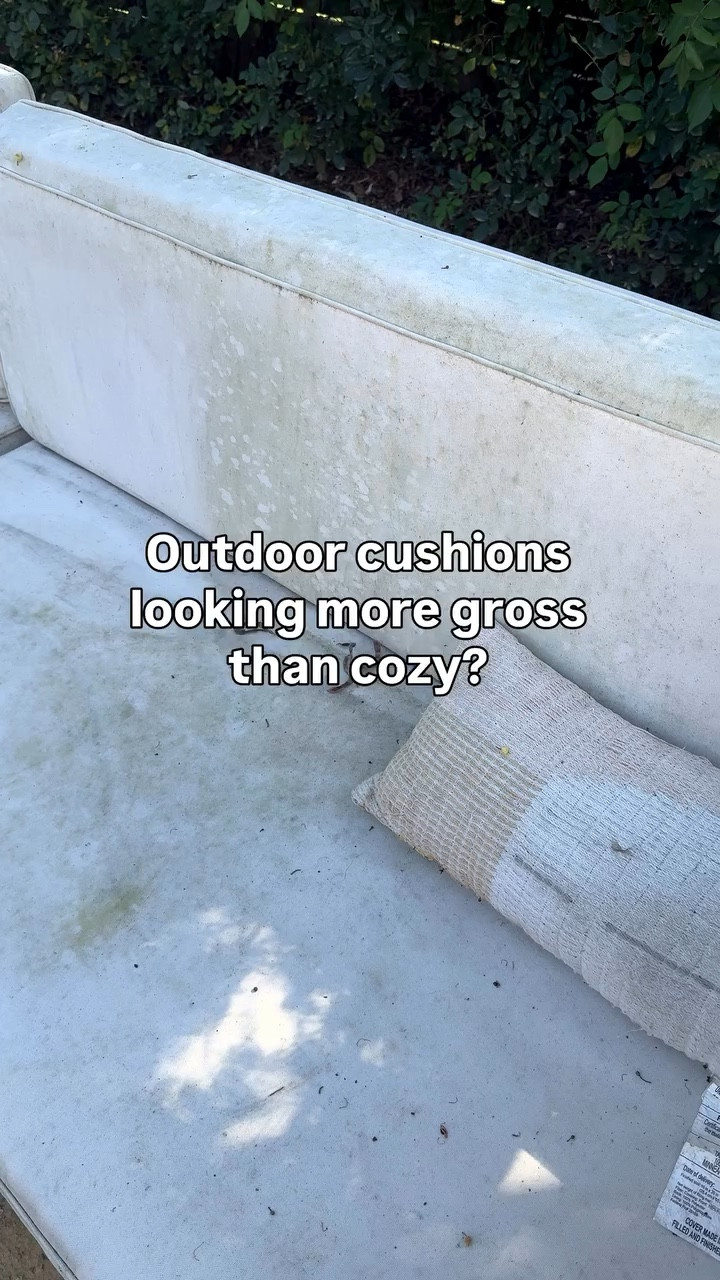 If your outdoor cushions are looking far from a cozy spot to curl up on a warm spring day - this simple outdoor cushion cleaning method actually works. No scrubbing, no wasting time.

I don’t have time to deep clean patio furniture, so this quick outdoor cleaning hack has been a game changer. Just spray it on, let it sit for a minute or two, then power wash. 

Just make sure you’re using the lowest setting, the widest nozzle angle, and you spray 1-2 ft away to avoid damaging the fabric.

It lifts buildup, refreshes fabric, and makes your outdoor sofa look like a cozy spot to relax on again.

Way easier (and way cheaper) than replacing your outdoor furniture.

Save this for your next patio reset 🌿

Follow for cozy home decor, outdoor living, and simple home hacks that make real life easier