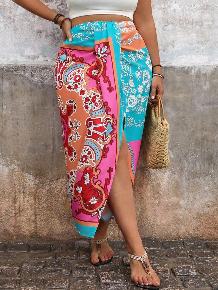 SHEIN VCAY Plus Size Elegant Wrapped All-Over Allover Print Summer Skirt | SHEIN