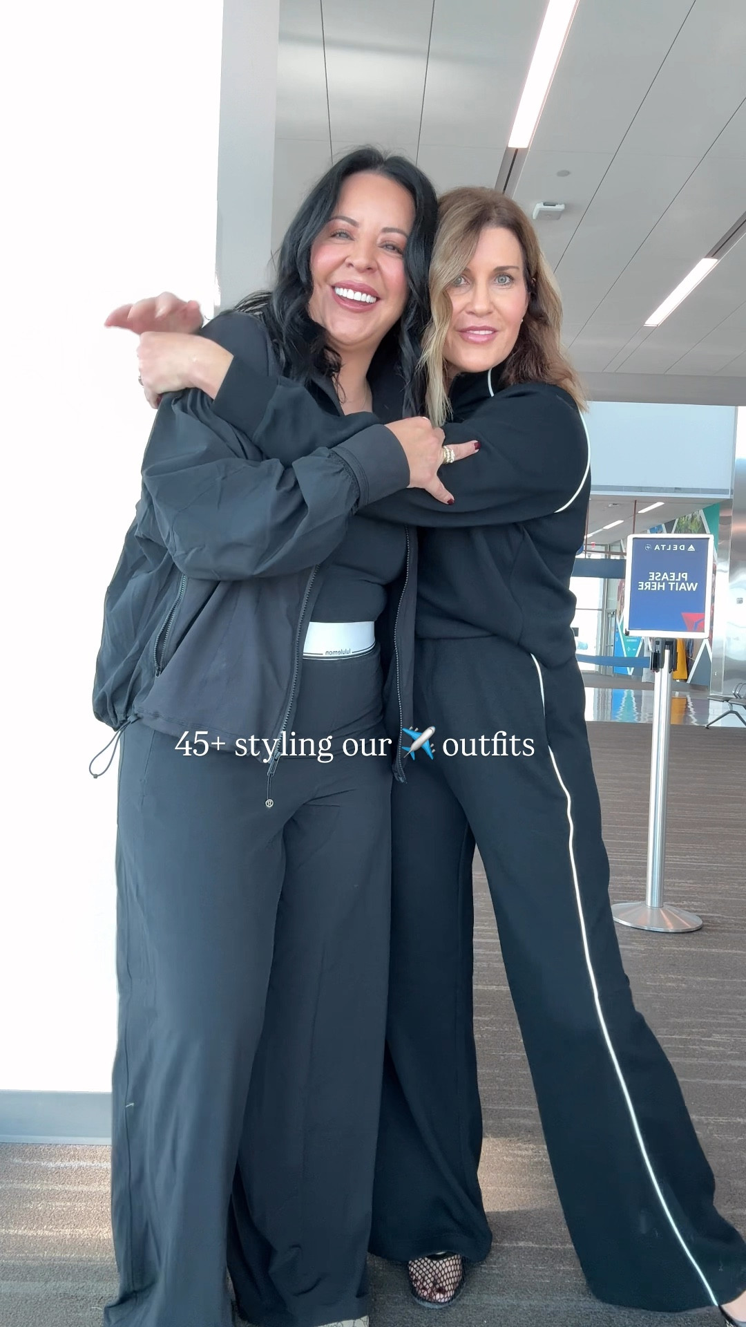 What we wore to fly to LTKCon:
Sandi’s outfit— lululemon swift wide leg pants size large. lululemon oversized define jacket size 10. Abercrombie bra free camo size large. 
Shalia’s outfit--Spanx half-zip jumpsuit size small (you don’t have to undress to go to the bathroom. Genius). Shoes Walmart fashion (sold out. Link g similar) 

#LTKTravel #LTKMidsize #LTKOver40