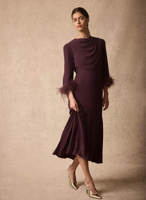 Burgundy Feather Trim Midi Dress | Mint Velvet