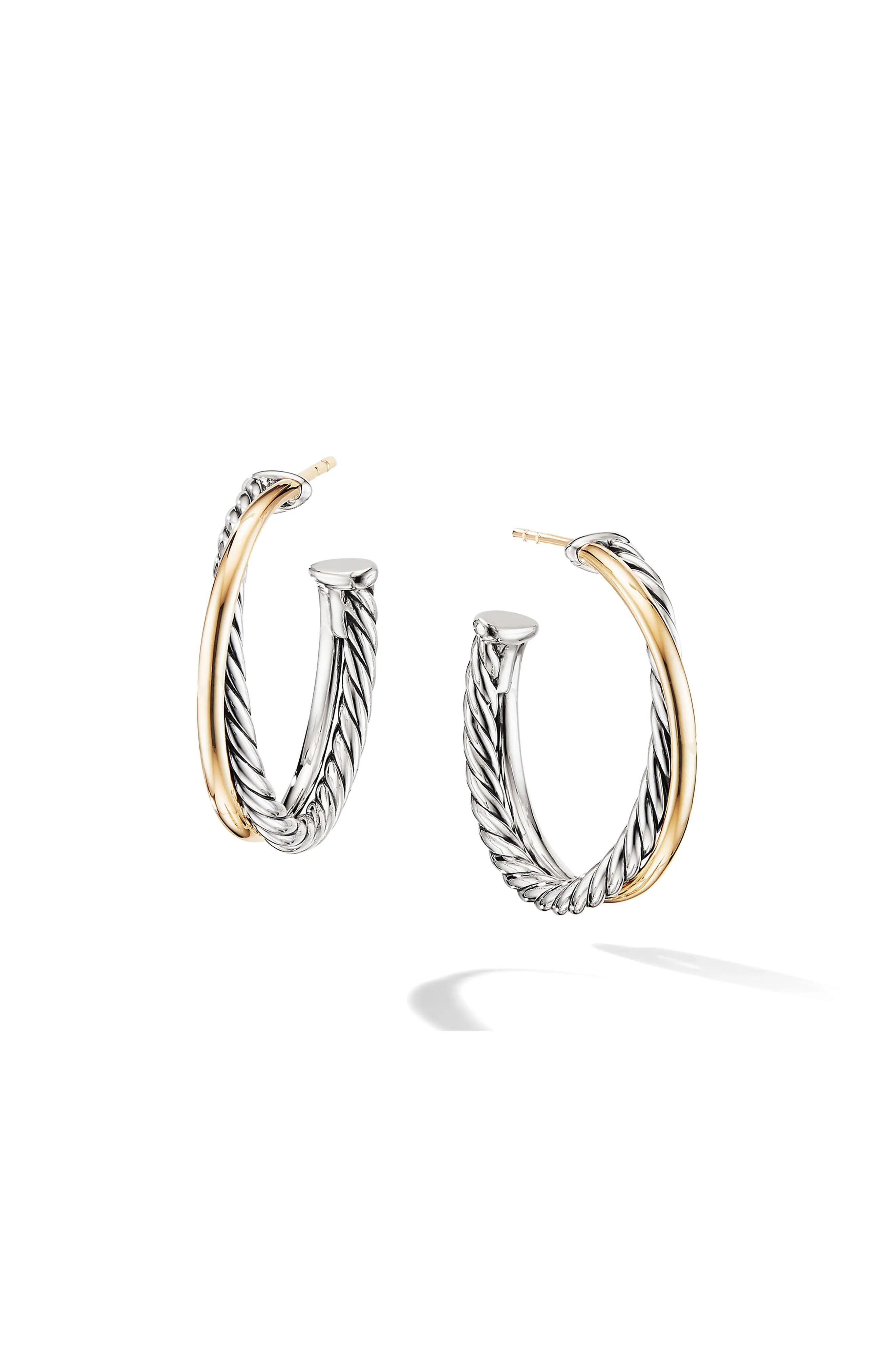 David Yurman Crossover Medium Hoop Earrings with 18K Yellow Gold in Silver/Gold at Nordstrom | Nordstrom