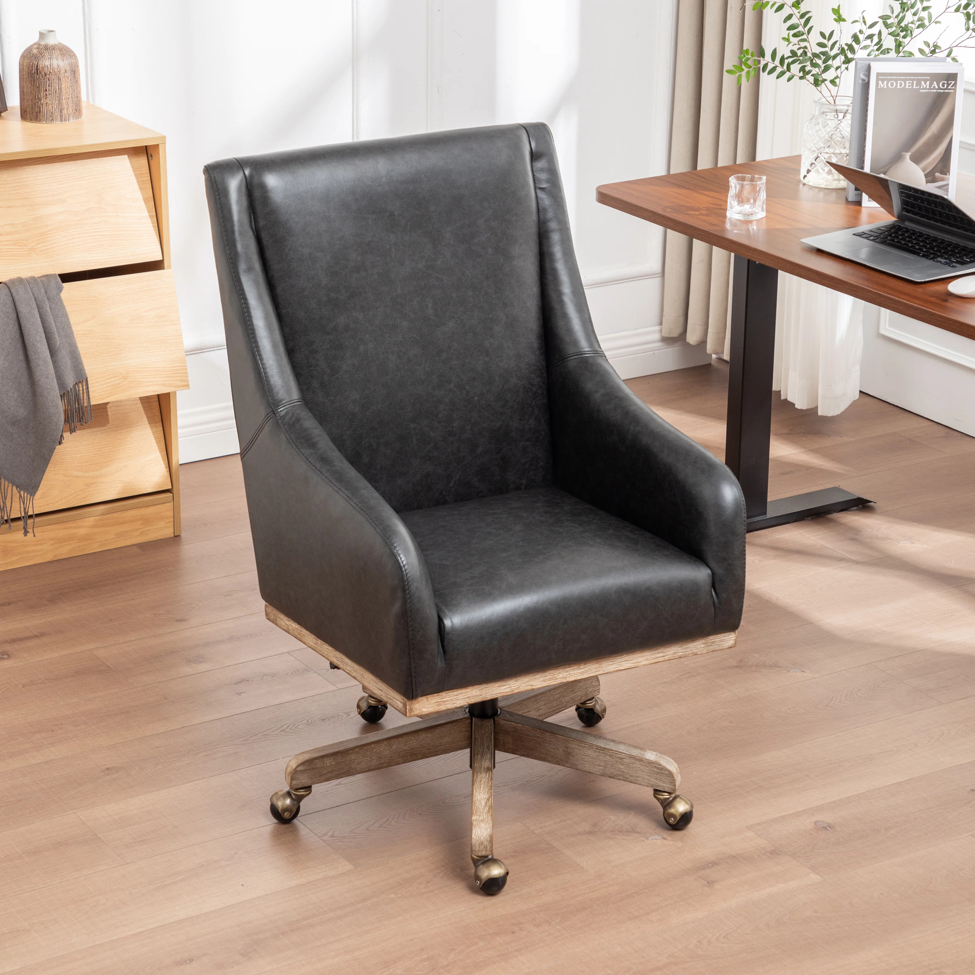 Genuine Leather Office Chair With Solid Wood Legs | Wayfair North America