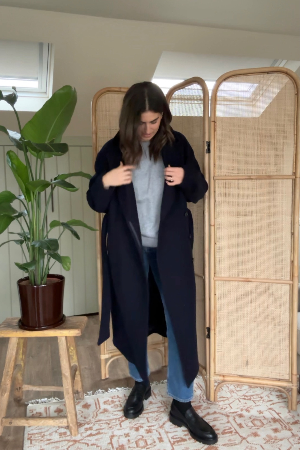 Navy wool coat, grey cashmere oversized jumper, jeans and black vagabond loafers 

#LTKSeasonal #LTKshoecrush