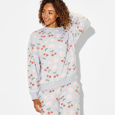 Women's Cherry Heart Fleece Graphic Pullover Sweatshirt - Heather Gray | Target