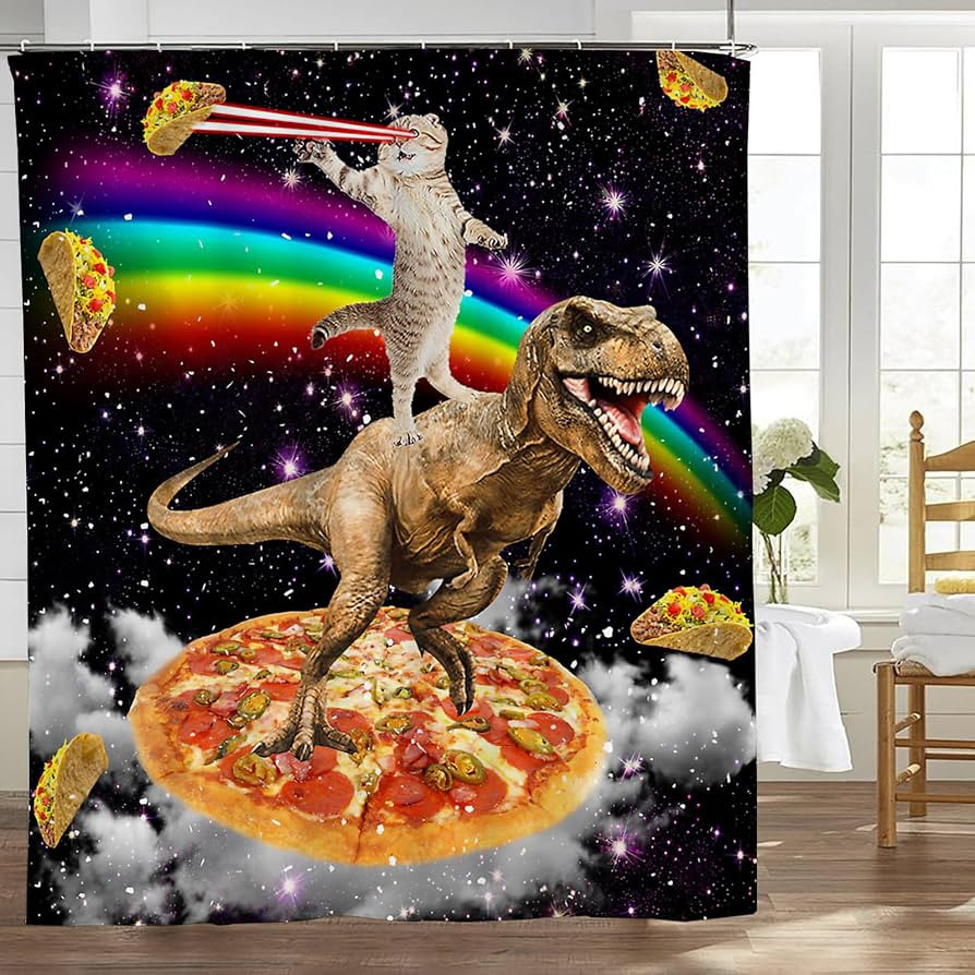 Funny Dinosaur Cat Shower Curtain Boys Kids Bathroom Decor Cool Cat Riding Dinosaur Shower Curtai... | Amazon (US)