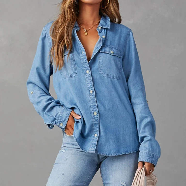 AOOCHASLIY Spring Saving Women's Denim Shirt Women Chambray Jean Western Shirts Long Sleeve Butto... | Walmart (US)