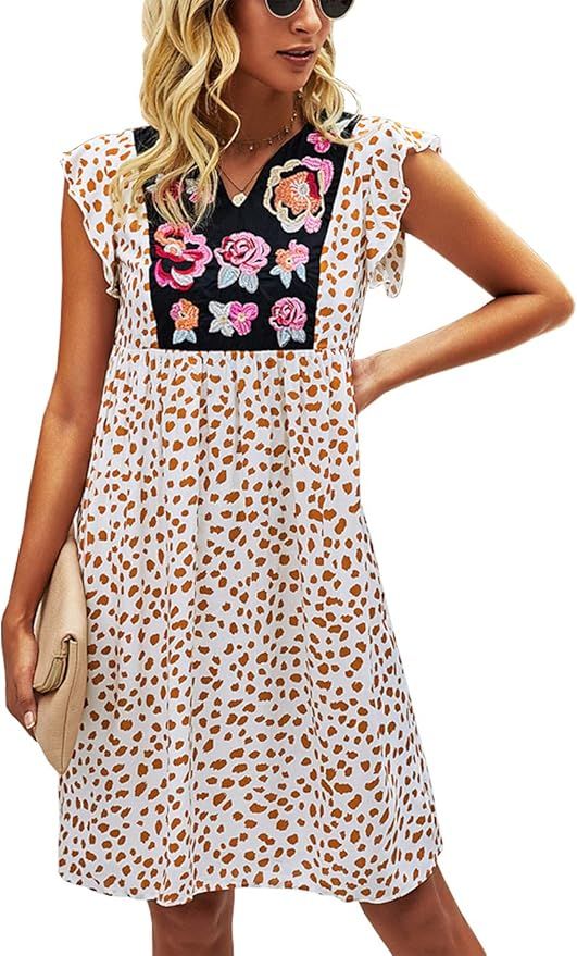 KIRUNDO Women’s Summer Leopard Mini Dress V Neck Bohemia Dress Sleeveless Flowy Loose Badydoll ... | Amazon (US)