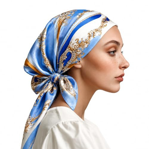 100% Mulberry Silk Square Scarf 34''(blue) | Amazon (US)