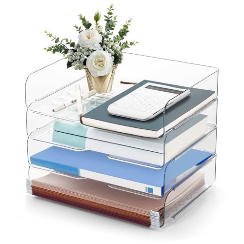 Desk Organizer and Storage,4-Tier Paper Letter Tray Organizers,Stackable Clear Desktop Organizer for Documents,Book Magazine Storage,Office Supplies, (Clear,4 Pack) | Amazon (US)