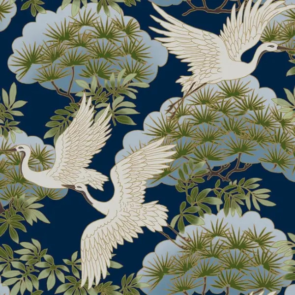 Sprig and Heron Wallpaper- Navy | York Wallcoverings