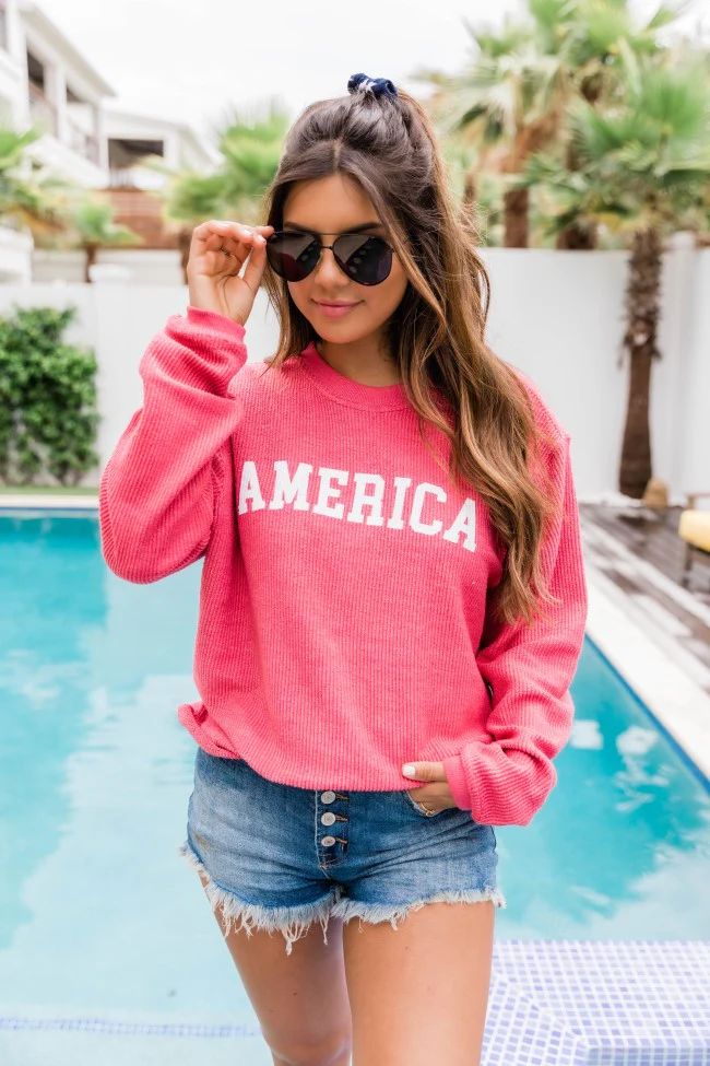 America White Block Red Graphic Corded Sweatshirt | Pink Lily