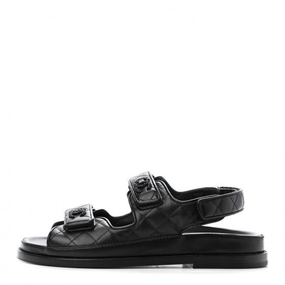 CHANEL Lambskin Velcro Dad Sandals 37 Black | Fashionphile