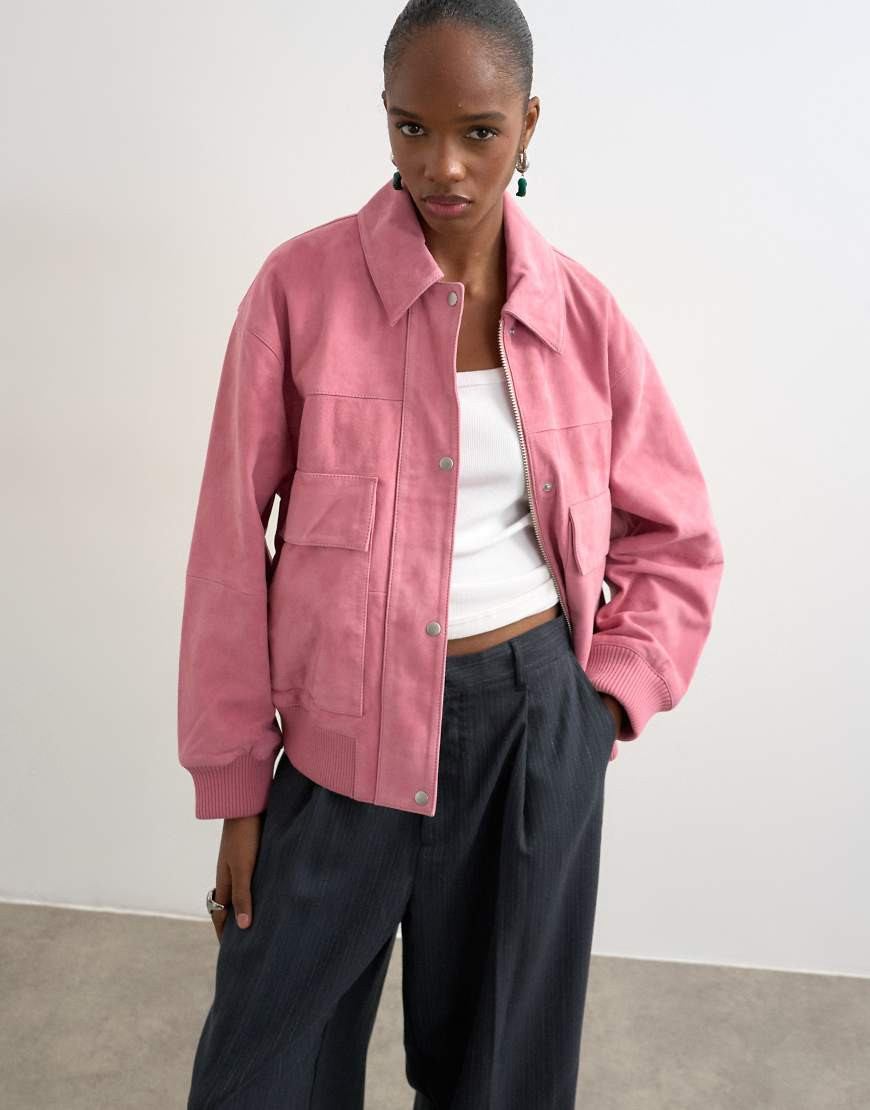 Topshop premium suede bomber jacket in pink | ASOS (Global)