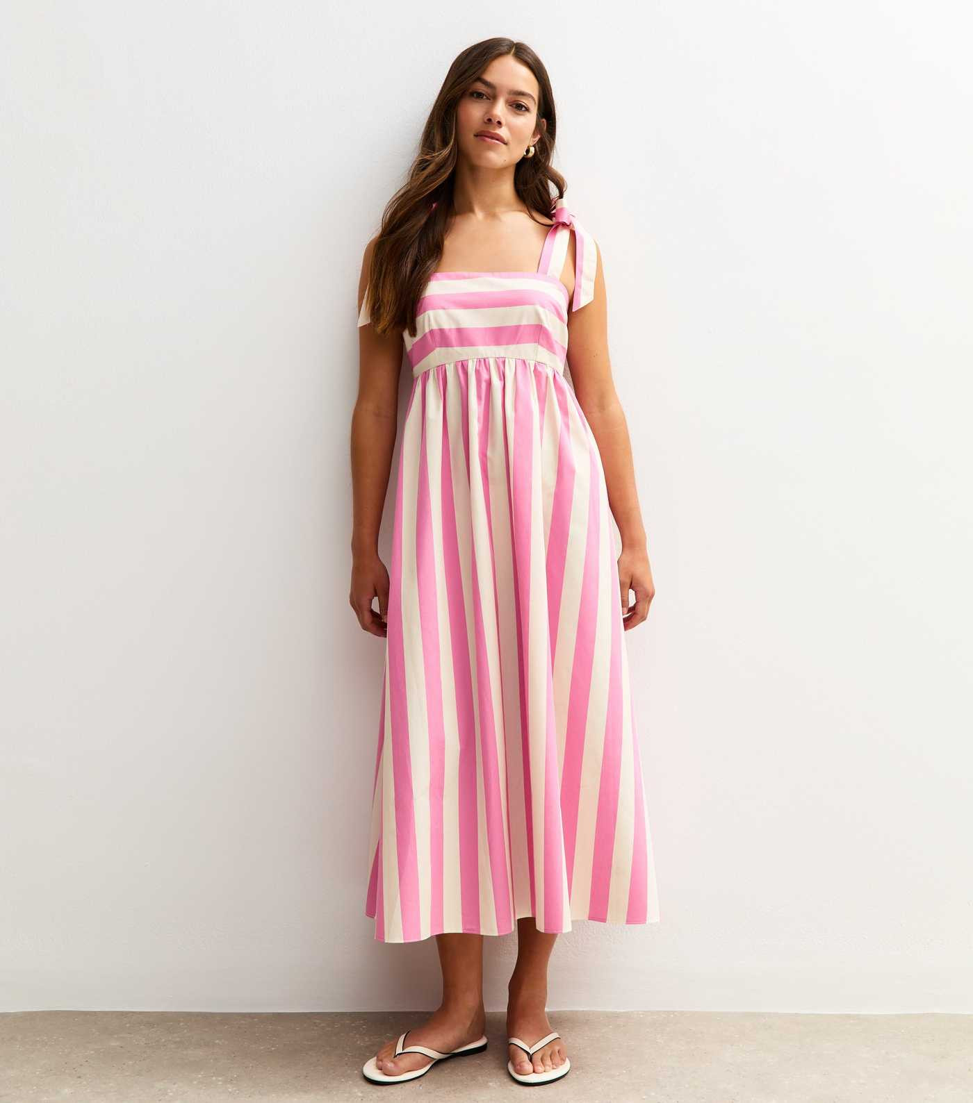 Petite Pink Striped Tie Strap Poplin Midi Dress | New Look | New Look (UK)