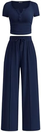 PRETTYGARDEN Womens 2 Piece Outfits Summer 2026 Ribbed Knit Button Short Sleeve Tops Casual Wide ... | Amazon (US)