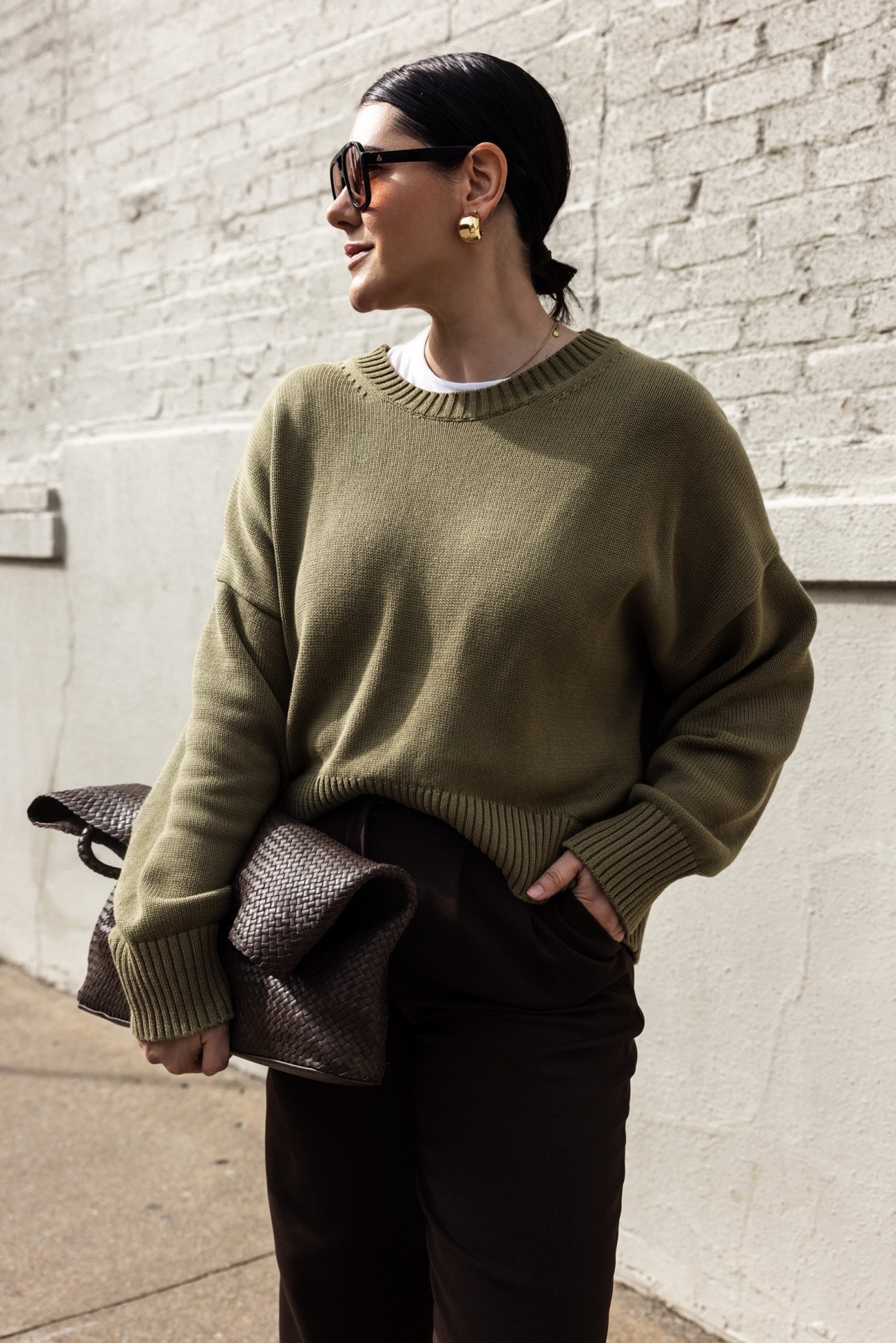 This sweater is back in stock!! In this color too. This is the Herbed Green hue. I’m in the large here it runs loose. 

I’m in the 10 of the pants. 