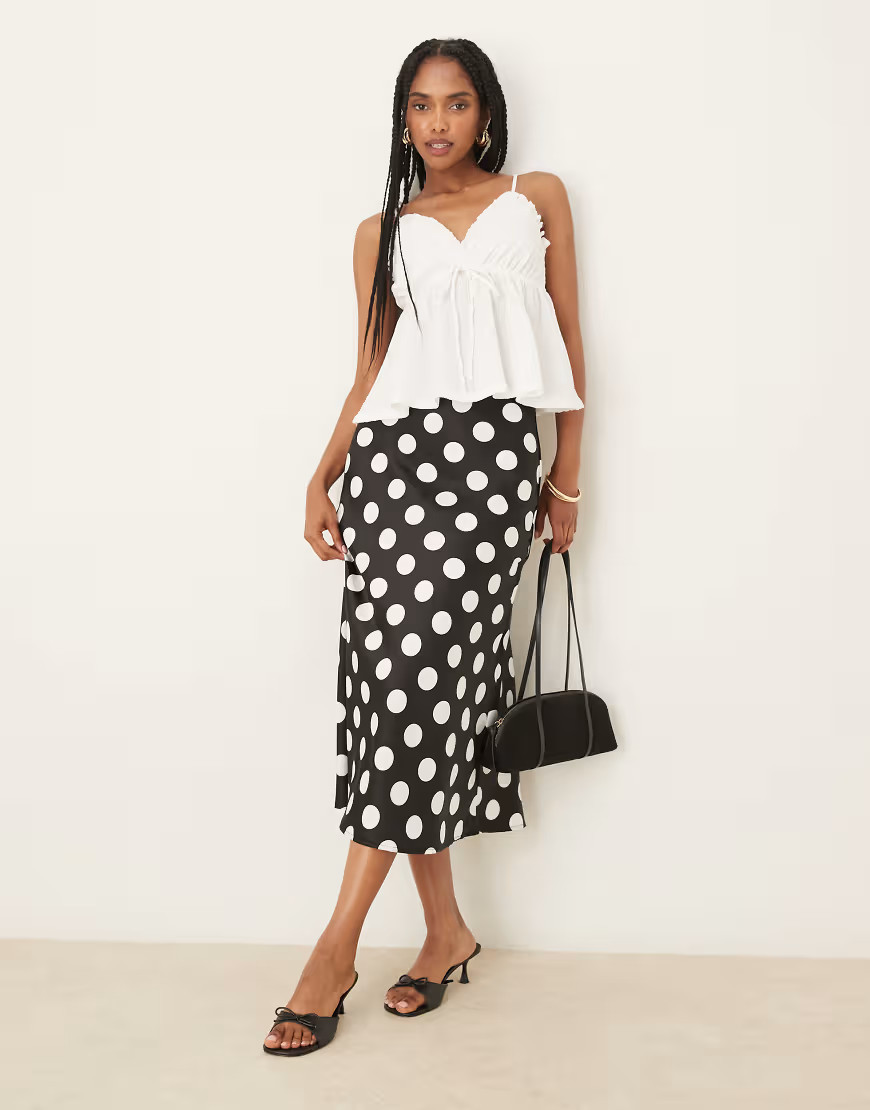 YAS satin midi skirt in black and white polka dots-Multi | ASOS (Global)