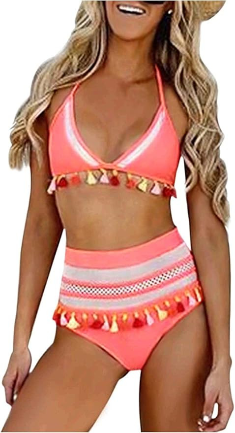 Dokotoo Womens High Waist Two Pieces Bikini Set Striped Tassel Swimsuit | Amazon (US)