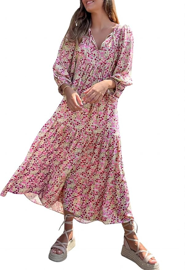 miduo Womens Loose Fit Casual Summer V Neck Half Sleeve Bohemian Geometric Pattern Maxi Long Dres... | Amazon (US)